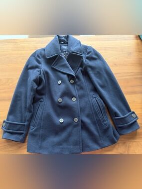 Lands End Wool/Cashmere Navy Double-Breasted Peacoat - Nautical Theme. Woman’s.